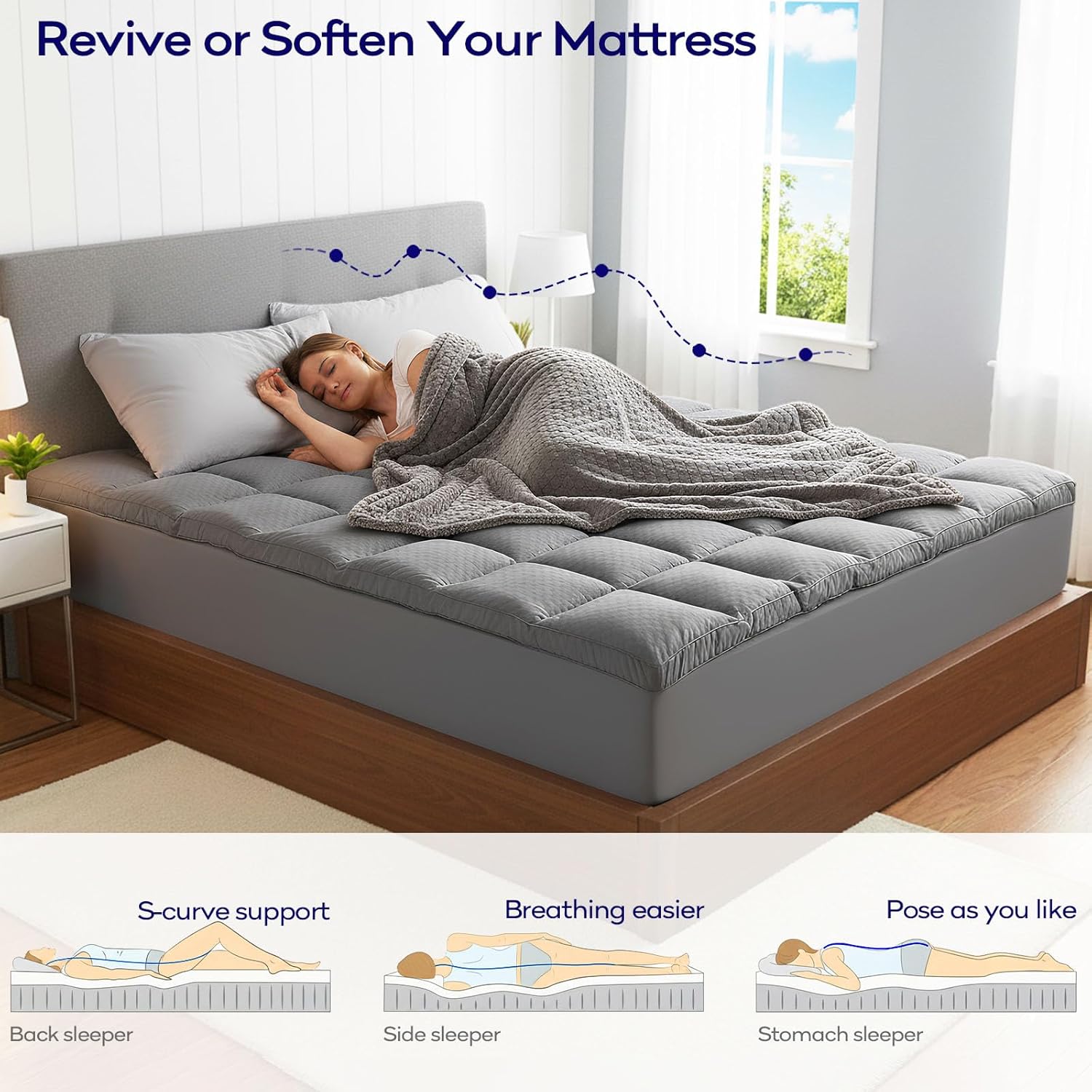 OLANLY Memory Foam Mattress Topper - Dual-Layer 4 Inch Queen Size for Back Pain Relief | Cooling Pillow Top, Grey