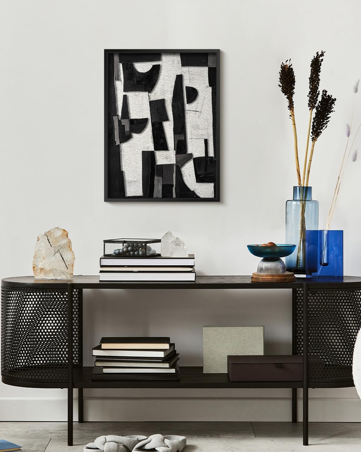 Skiennix Modern Black & White Abstract 3D Stacked Sandstone Wall Art - 12x16 Geometric Design in Metal Frame for Contemporary Home Decor