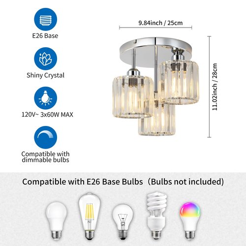 ANWIO Crystal Semi Flush Mount Ceiling Light, 3-Light Dining Room Light Fixture, Silver Kitchen Ceiling Light with Clear Crystal Shade, Fit E26 Base Bulbs
