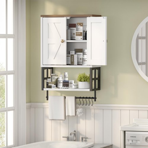FUNHUKSON Farmhouse Medicine Cabinet - 3-Tier Wall Mounted Storage Organizer with Adjustable Shelves, Towel Bar, 5 Hooksfor Small Bathroom, Laundry Room, Over Toilet, Living Room, Bedroom (White)