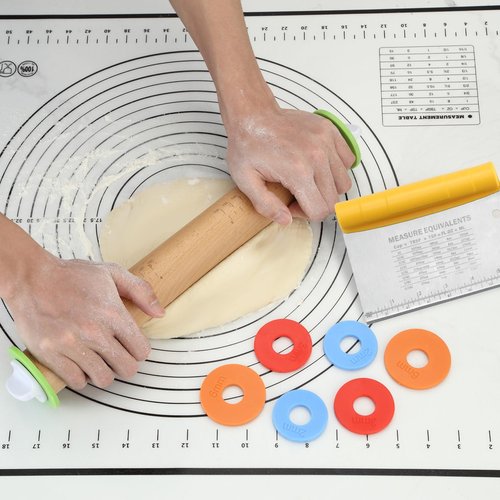 Unokit Rolling pin 3-Piece Set, 17.5" Rolling Pin with Adjustable Thickness Rings, Wooden Dough Roller, Rolling Pins for Baking Pizza, Pasta, Bread - Baking Essentials