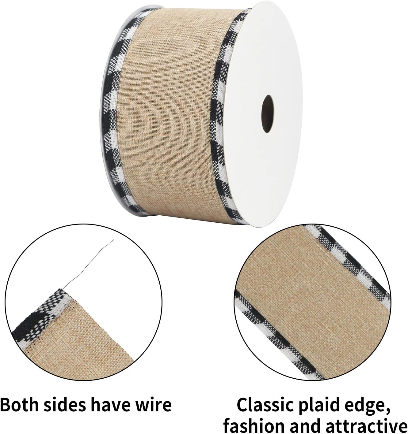 MEEDEE Burlap Christmas Ribbon - Wired 2.5 Inch Plaid with Black & White Edging | 10 Yards for Trees & Wreaths