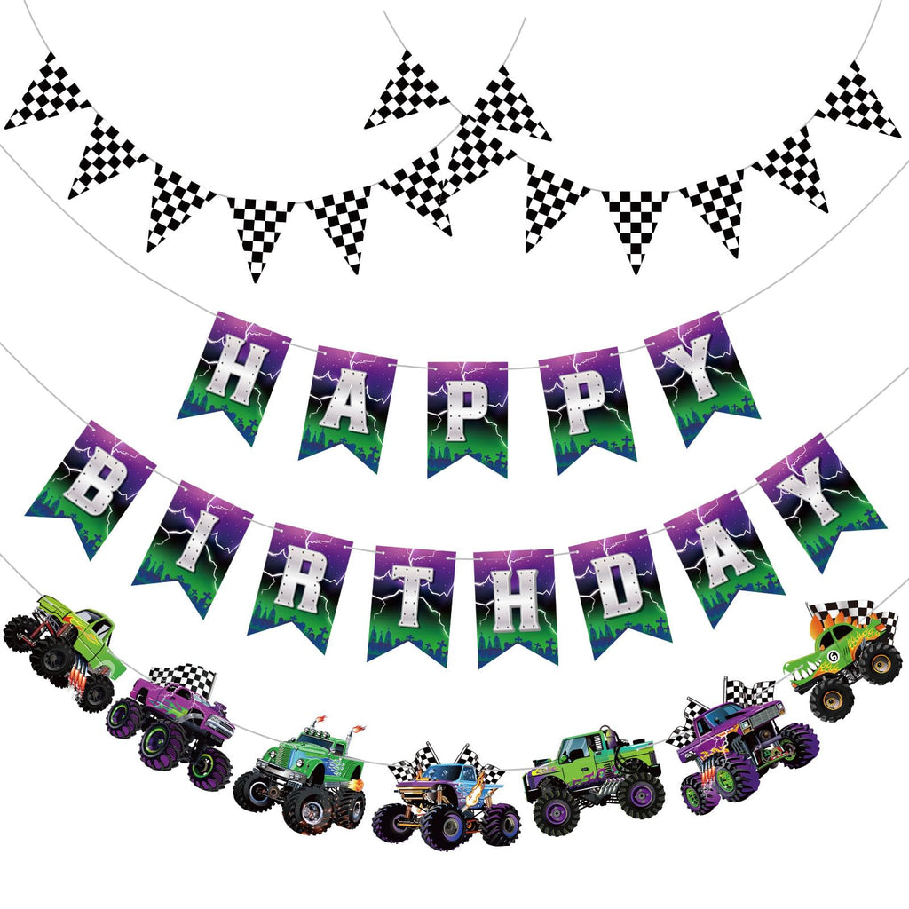 Pasimy 4 Pcs Monster Truck Birthday Banner Cars Truck Garland Black and White Checkered Flags Pennants Green Purple Happy Birthday Bunting Racing Car Theme Party Decorations Supplies