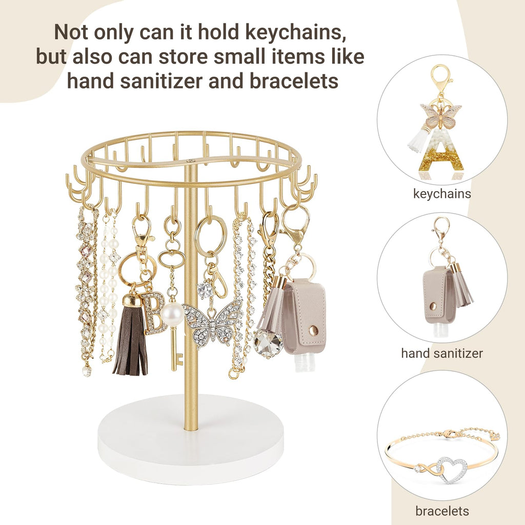 Dahey Keychain Display Stand for Vendor, Metal Bracelet Holder Organizer Hand Sanitizer Keychain Display with 22 Hooks Storage Keychains Bracelet for Study Desk Entryway Decor, Gold