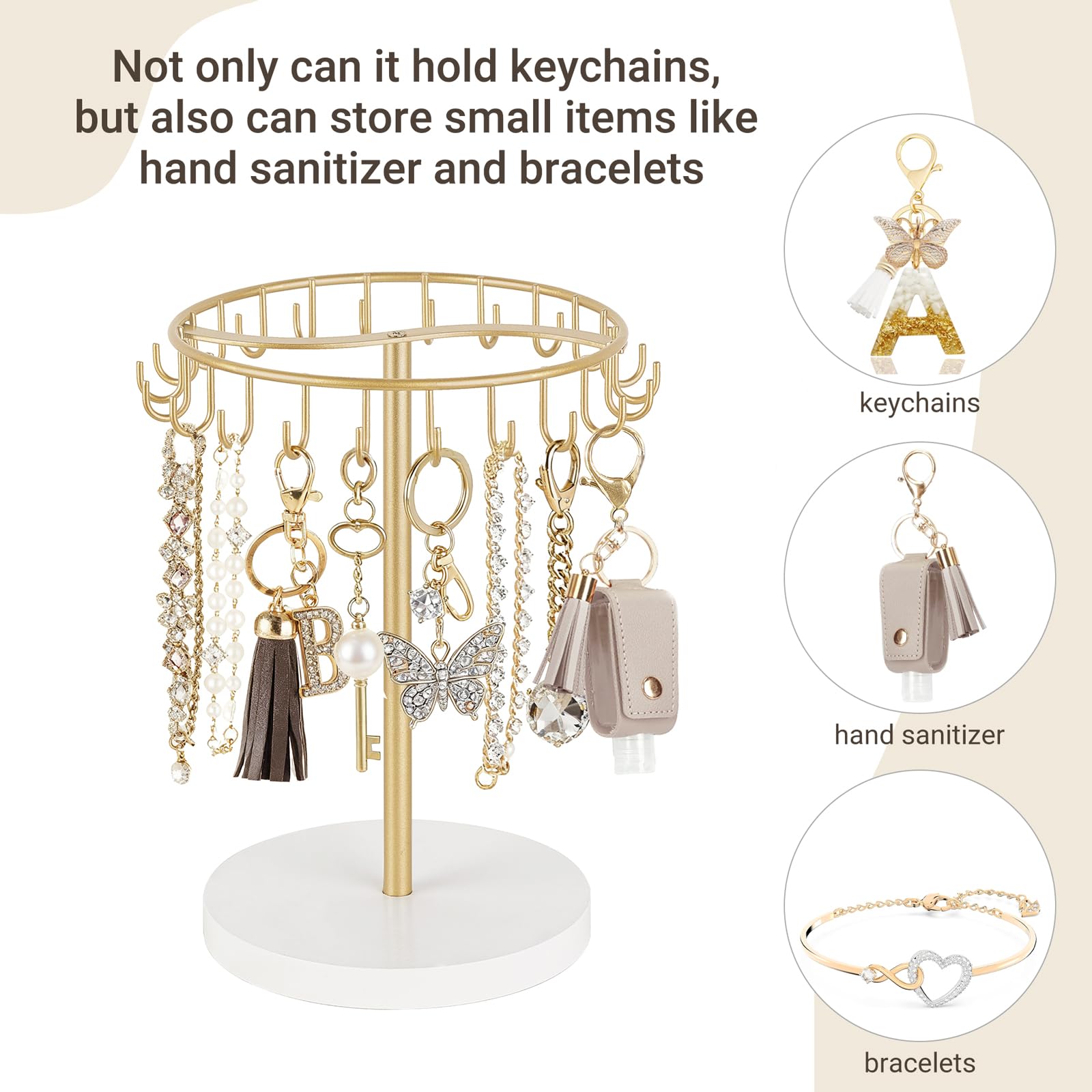 Dahey Keychain Display Stand for Vendor, Metal Bracelet Holder Organizer Hand Sanitizer Keychain Display with 22 Hooks Storage Keychains Bracelet for Study Desk Entryway Decor, Gold