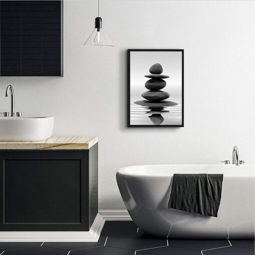 DCMVJHZV Framed Black and White Bathroom Wall Art - Zen Stones Meditation Print (12"x16") | Spa & Yoga Decor