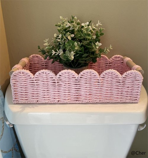 CubesLand Gift Basket - Scalloped Edge Pink Woven Storage Basket with 2 Wooden Handles | Small Decor Solution