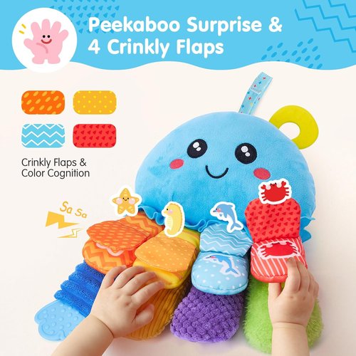 Hahaland Baby Sensory Toys - 15-in-1 Soft Tummy Time Toy with Crinkle Rattle & Mirror for Infant Development