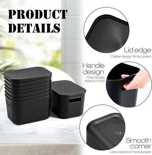 Hoolerry Colorful Storage Bins - 8 Piece Stackable Plastic Organizing Containers with Lids | Black, 9.8 x 7.1 x 6.3 Inch