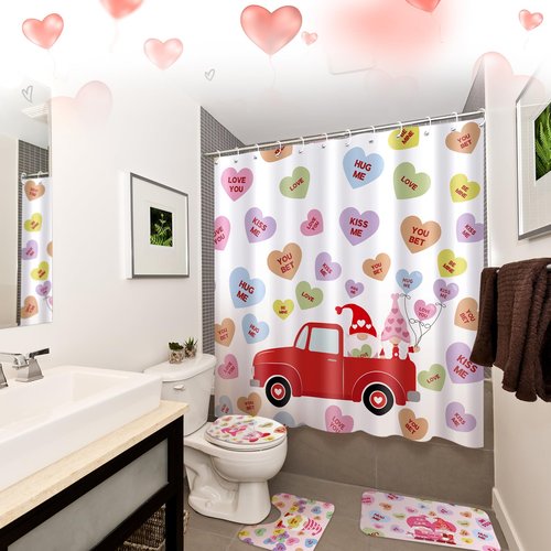 Drydiet 4 Pcs Valentines Shower Curtain Set with Non Slip Rugs Toilet Lid Cover Bath Mat and 12 Hooks Gnome Candy Conversation Heart Truck Bathroom Decor Valentine Shower Curtain for Bathroom