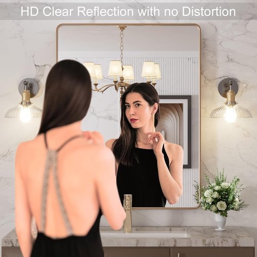 LOAAO Gold Bathroom Mirror - 28”X36” Rounded Rectangle Design | Wall-Mounted, Anti-Rust Tempered Glass