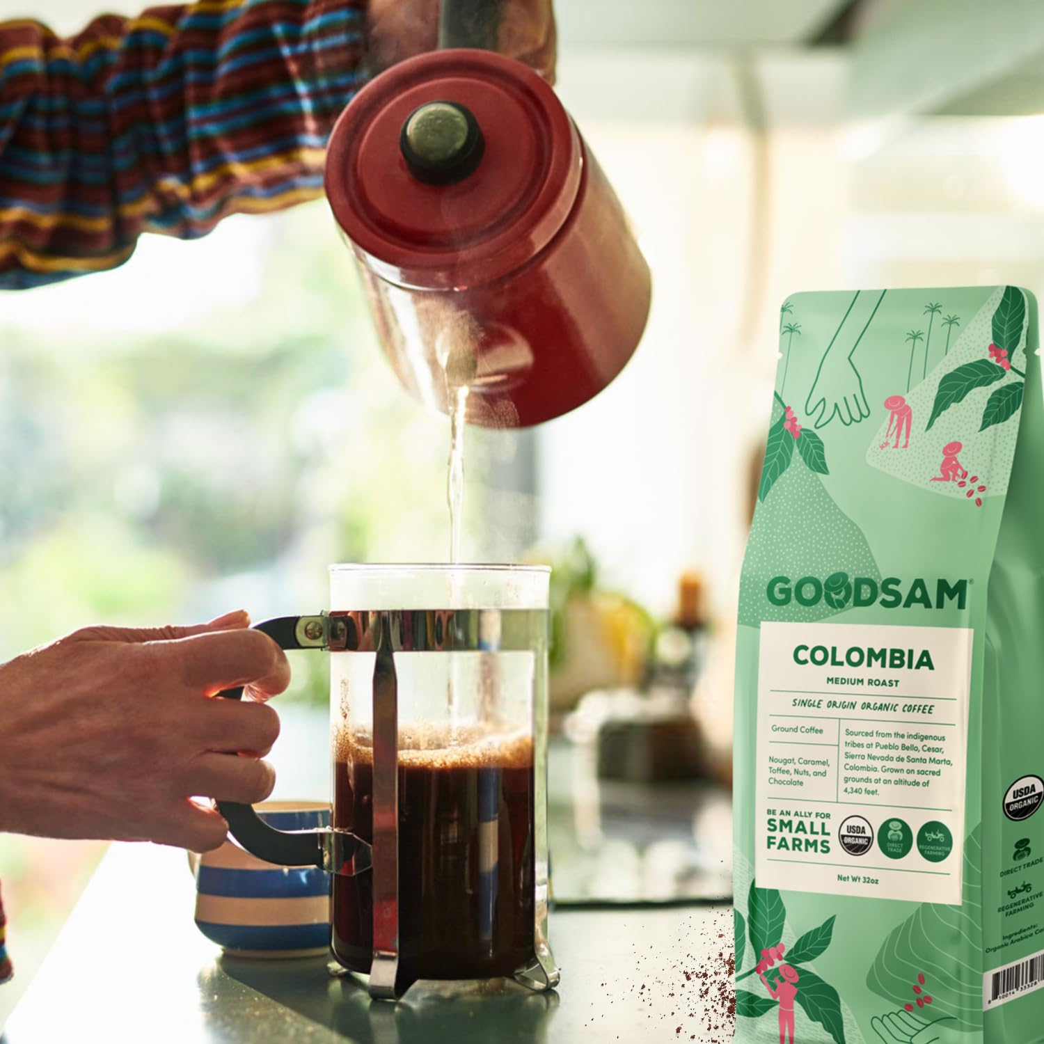 GoodSAM Colombian Medium Roast Organic Ground Coffee — Smooth & Balanced Flavor — Single-Origin Arabica Coffee — 32 oz Bulk Bag
