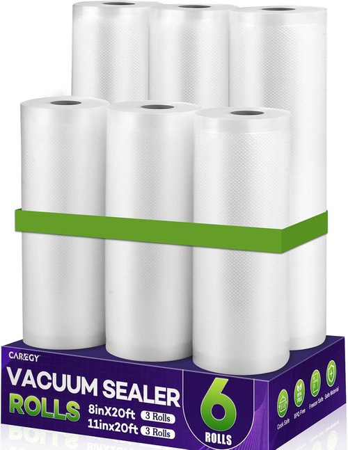 CAREGY Food Vacuum Sealer Bags - 6 Pack Commercial Grade BPA-Free | 3 Rolls 8" x 20' & 3 Rolls 11" x 20'