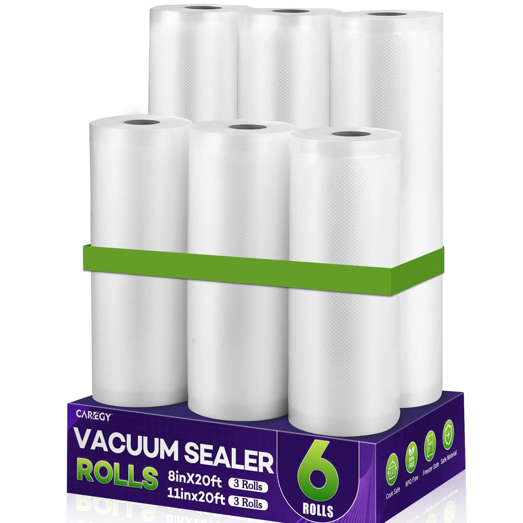 CAREGY Food Vacuum Sealer Rolls Bags 6 Pack 3 Rolls 8'' x 20' and 3 Rolls 11''x 20' Commercial Grade BPA Free Bag Rolls Embossed Food Saver Bags for Meal Prep,Sous Vide Cooking and Food Storage