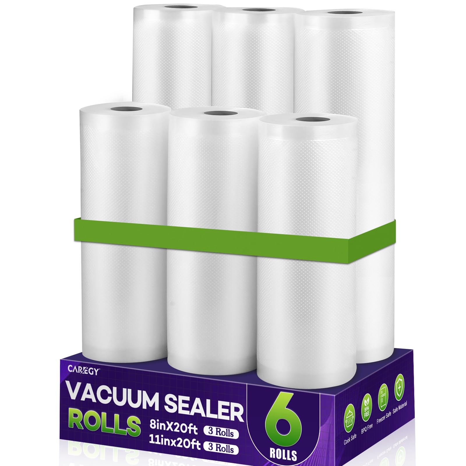 CAREGY Food Vacuum Sealer Rolls Bags 6 Pack 3 Rolls 8'' x 20' and 3 Rolls 11''x 20' Commercial Grade BPA Free Bag Rolls Embossed Food Saver Bags for Meal Prep,Sous Vide Cooking and Food Storage