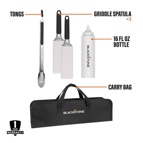 BLACKSTONE 5481 Tabletop 5 Piece Griddle Tool Kit- Outdoor Indoor Grill BBQ Utensils Cooking Accessories, 2 Stainless Steel Spatulas, 1 Classic Tong, 16Oz Squeeze Bottle, 1 Portable Carry Bag