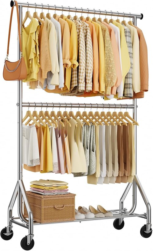 HYSEYY Heavy Duty Clothes Rack - Adjustable Double Rod Garment Rack for Bedroom & Laundry | Silver