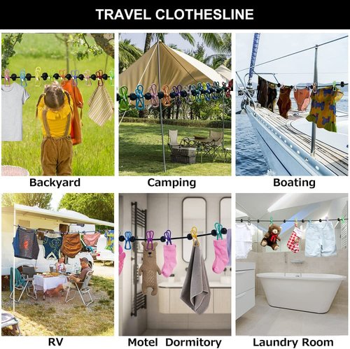 Retractable Portable Clothesline for Travel，Clothing line with 12 Clothes Clips，for Indoor and Outdoor Laundry Drying line，Outdoor Camping Accessories (2 Pack)