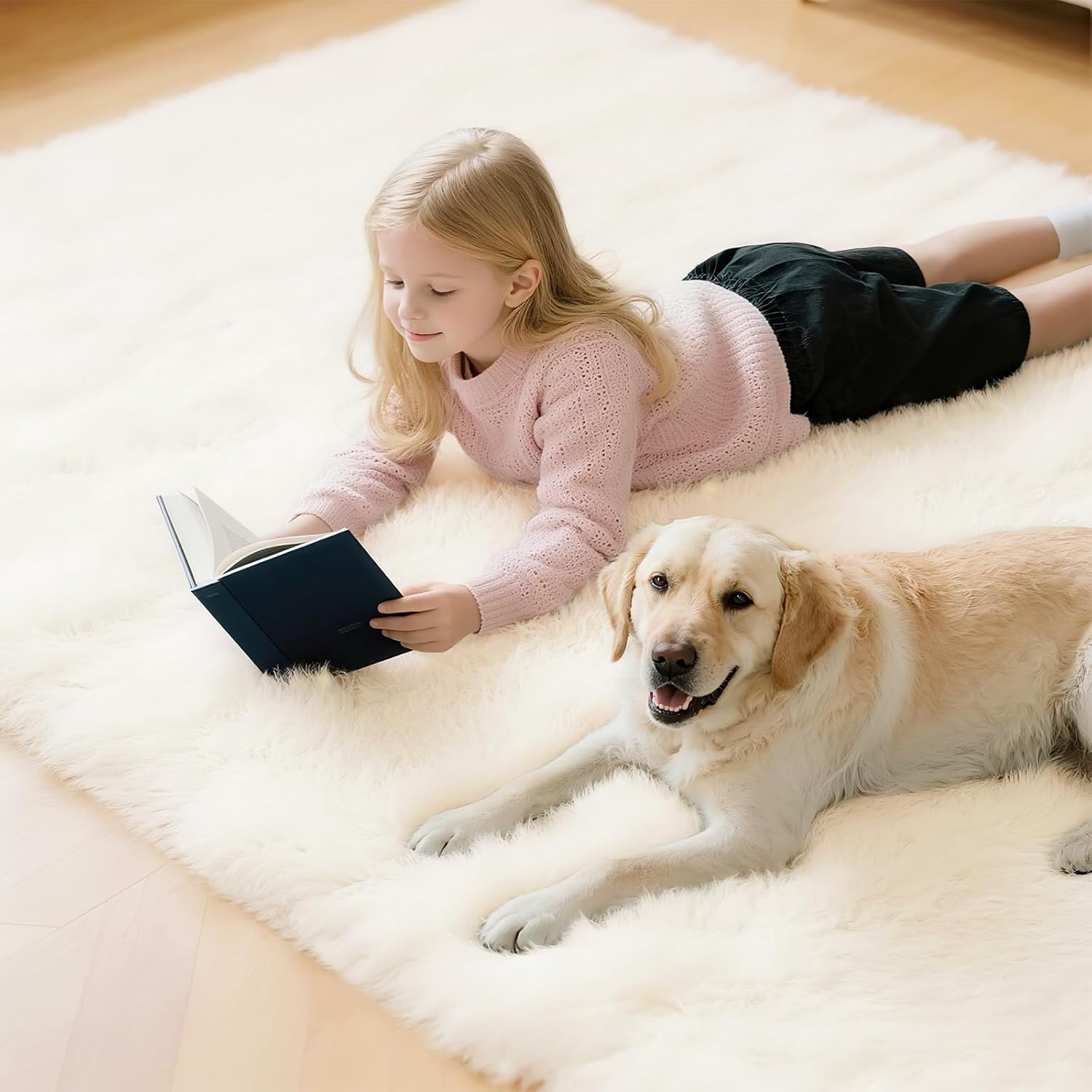 Skiennix Fluffy Cream Area Rug - Ultra Soft Non-Slip 2x3 for Bedroom, Living Room & Office