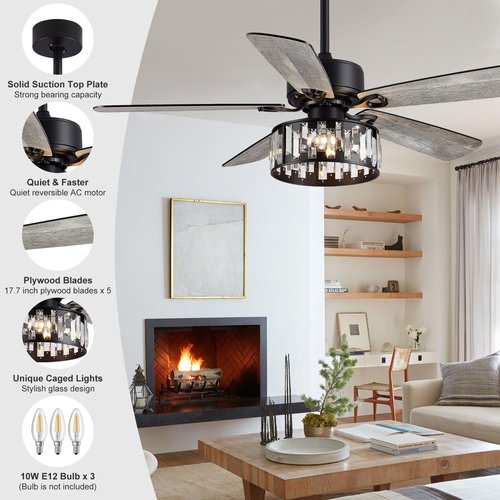 Breezary 52 Inch Farmhouse Ceiling Fan with Light and Remote, Quiet Reversible AC Motor, 5 Blades, Industrial Modern Downrod Mount Black Ceiling Fan with Crystal Light Fixture for Bedroom