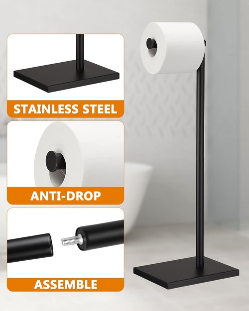 DECLUTTR Free Standing Toilet Paper Holder - Stainless Steel Pedestal with Reserve - Black Finish