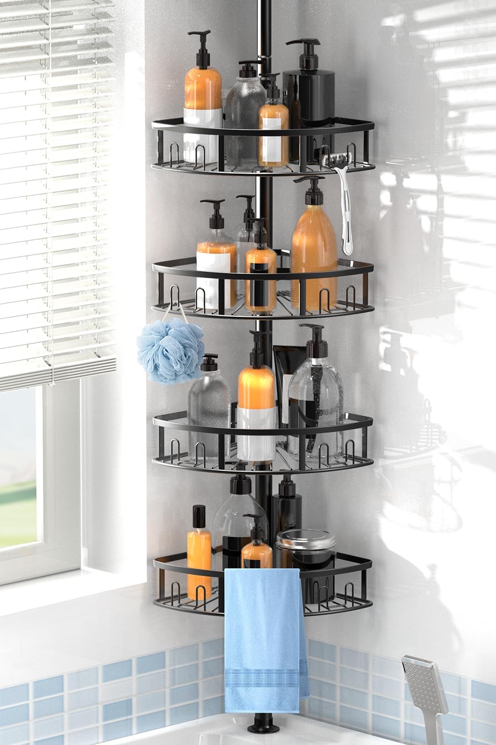 Skiennix 4-Tier Rustproof Corner Shower Caddy - Adjustable Height 42-115 Inch Bathroom Organizer | Black