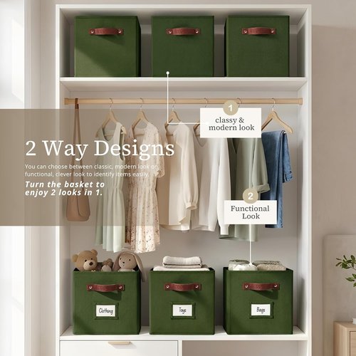 DECOMOMO Storage Cubes - 13x13x13 Fabric Organizer Bins with Labels | Set of 6 in Olive Green