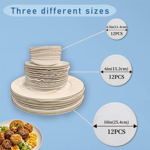 FCSTYODO Felt Plate Dividers,36 PCS Soft Premium Felt Protectors for Porcelain Cookware Storage,Washable & Reusable Separators Pads for Stacking & Protection, 12 Each of 10/6/4.5 inch