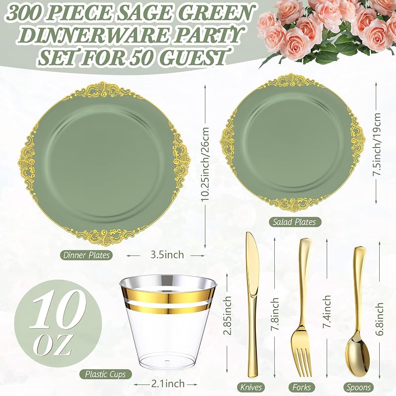 Umigy Sage Green Plastic Dinnerware Set with Gold Edges, 300 Pcs - Disposable Plates, Cutlery & Cups (Variation: Sage Green+300)