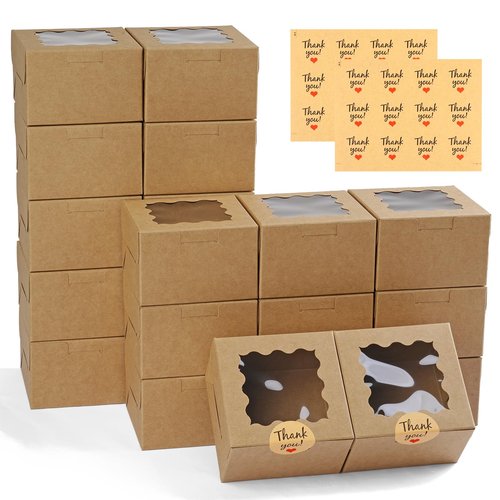 WINKIO 24pcs Brown Cookie Boxes, 4x4x2.5 Inches Bakery Boxes with Window, for Mini Cake Treat Dessert Pastry Donuts Macaroon Strawberries Chocolate Candy (with Stickers)