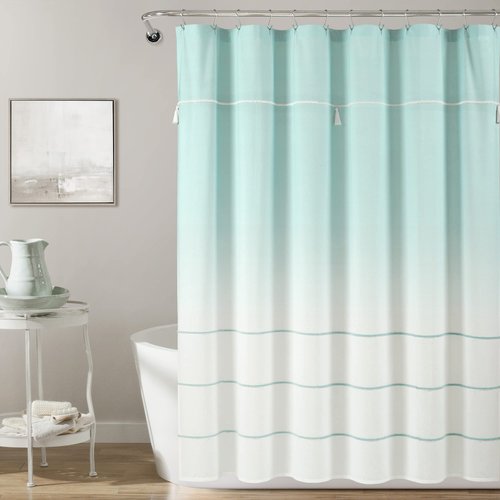 Lush Decor Ombre Embroidery Tassel Cotton Shower Curtain Single 72" W x 72" L Aqua - Blue Shower Curtains for Bathroom - Ombre Bathroom Curtain