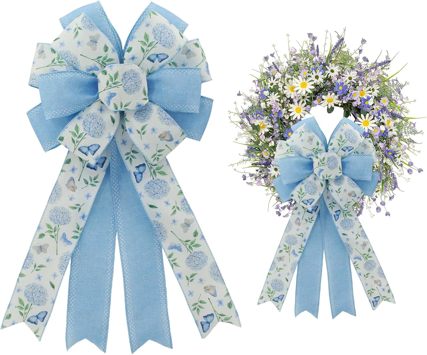 Skiennix 20.87-Inch Large Spring Bows - Blue Hydrangea & Butterfly Burlap Ribbon for Easter Decor | Indoor/Outdoor Use