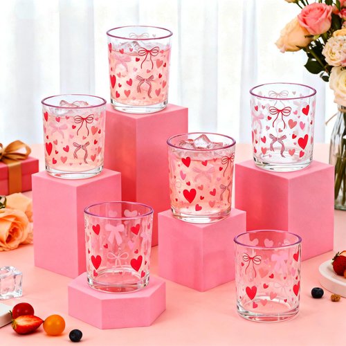 Ferrochef 6 Pcs Valentines Heart Glasses Drinkware Valentines Day Icon Juice Glasses 11oz Galentines Day Pink Bow Cup for Party Gift Hot and Cold Beverages Women Friend