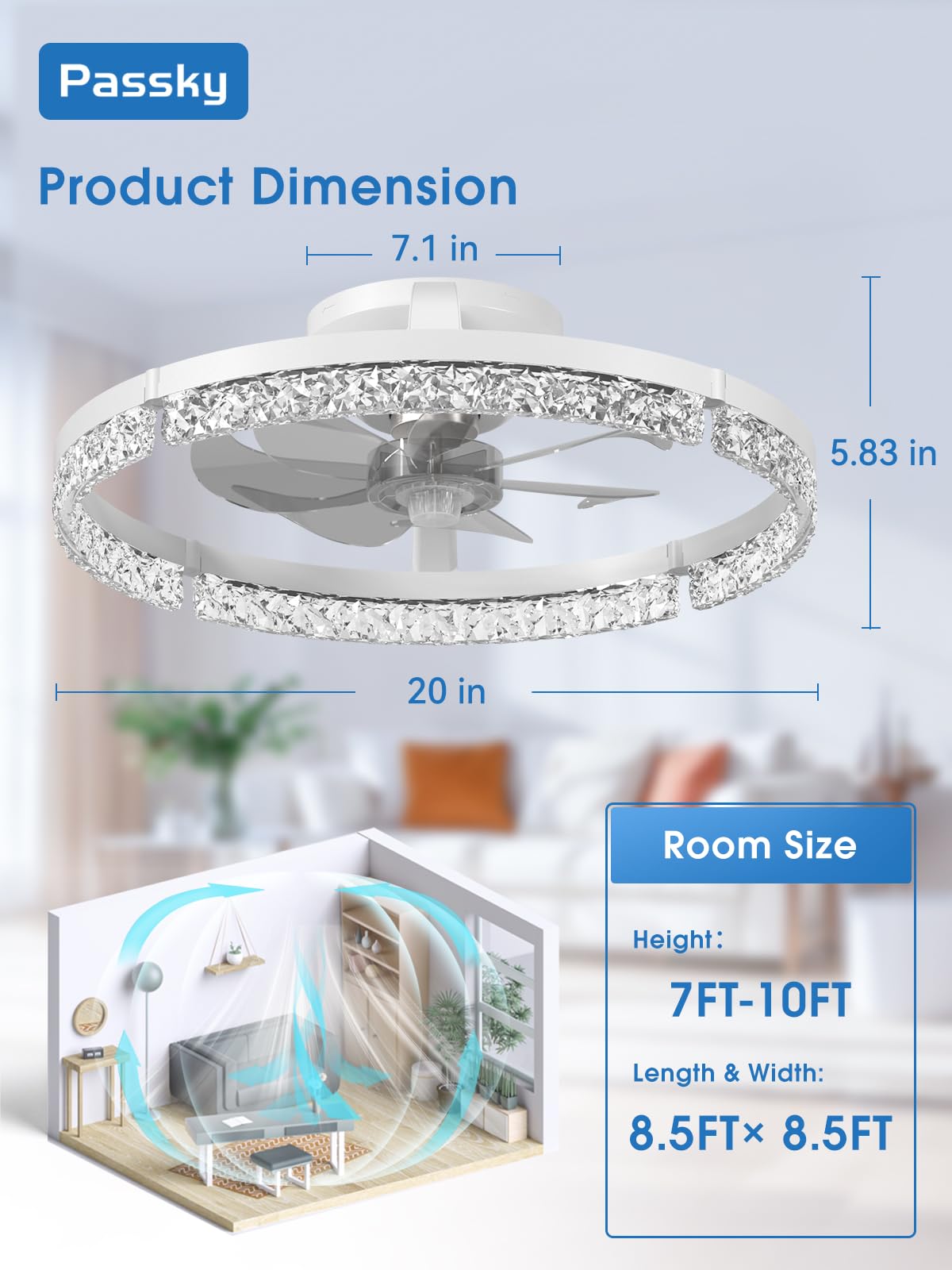 Passky 20” Low Profile Ceiling Fan with Lights and Remote, Dimmable LED Flush Mount Fandelier, 6 Speeds, 3000K–6000K, White Modern Ceiling Fan for Bedroom, Kitchen, Living Room