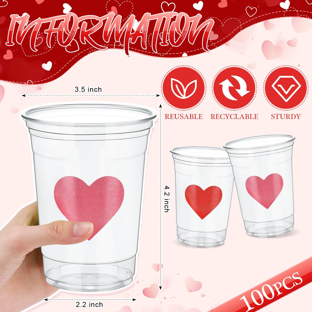 Moinchore 100 Pcs 12 oz Valentines Heart Plastic Cups Clear Disposable Heart Wine Cups Bulk for Galentine's Day Iced Coffee Drinking Ice Cream Wedding Party Supplies (Pink,Red)