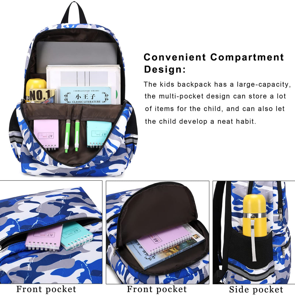 DSIUE Backpacks for Boys School Bags for Kids Elementary Bookbag and Lunch Box Set Camo Blue