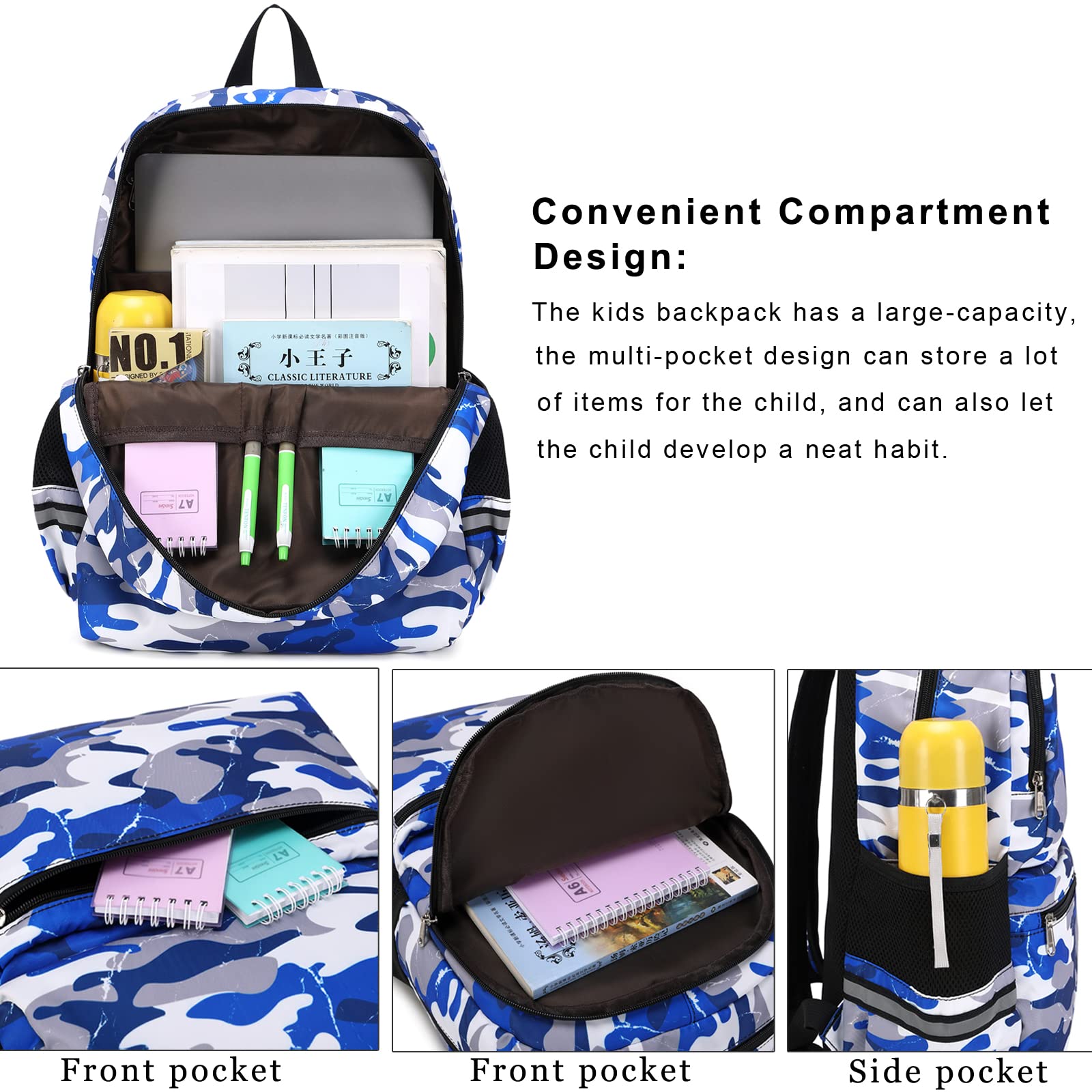 DSIUE Backpacks for Boys School Bags for Kids Elementary Bookbag and Lunch Box Set Camo Blue