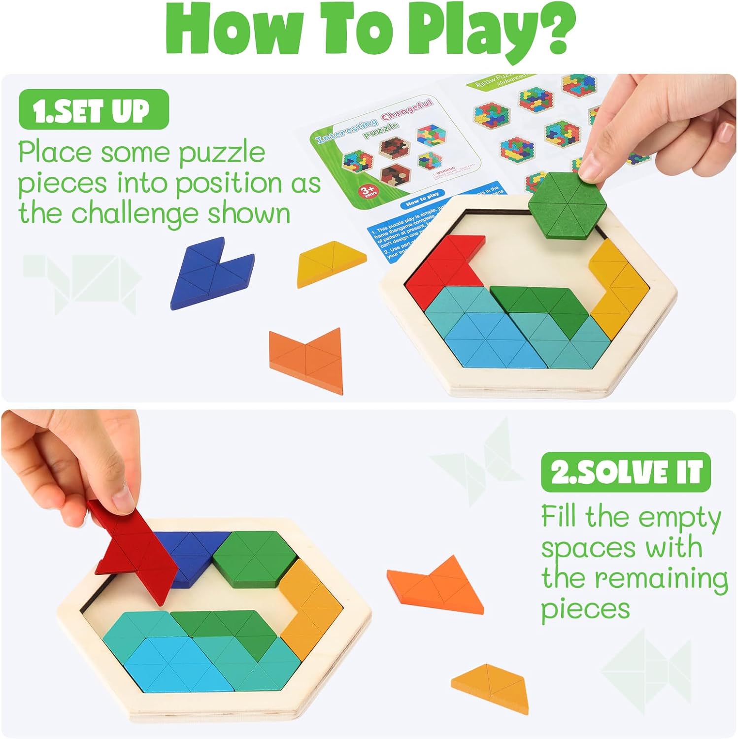Yunsailing Large Hexagon Tangram Puzzle - 3 Pack Wooden Brain Teasers for Adults | Classic Geometric Challenge