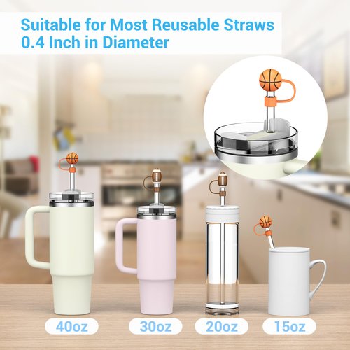 4Johor 4Pcs Basketball Straw Toppers for Stanley Cup Accessories, Straw Cover fits 0.4In Reusable Straws, BPA Free Silicone Straw Covers - Sip In Style and Protect the Earth