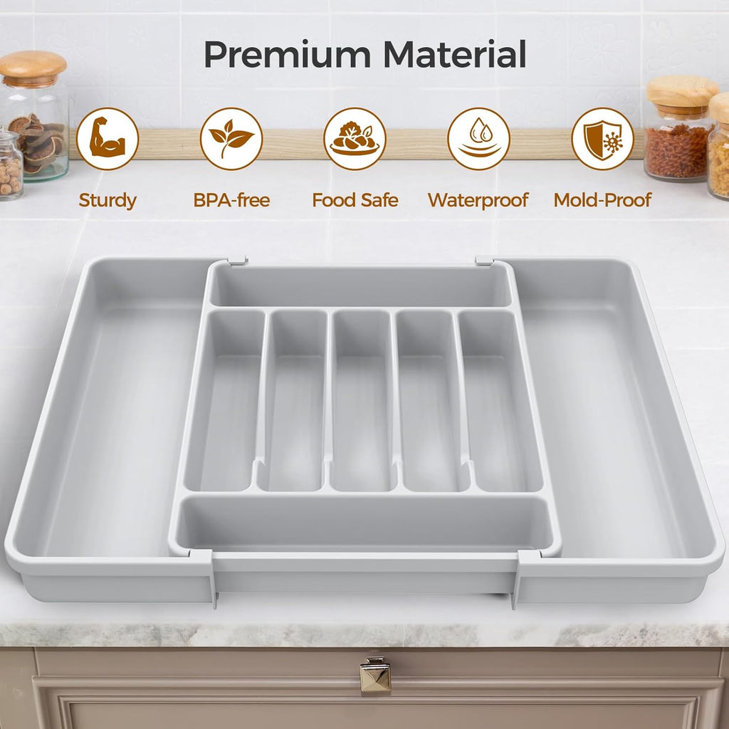 Ukeetap Extra Large Expandable Silverware Organizer - BPA-Free Cutlery Holder for Kitchen Drawers | Gray