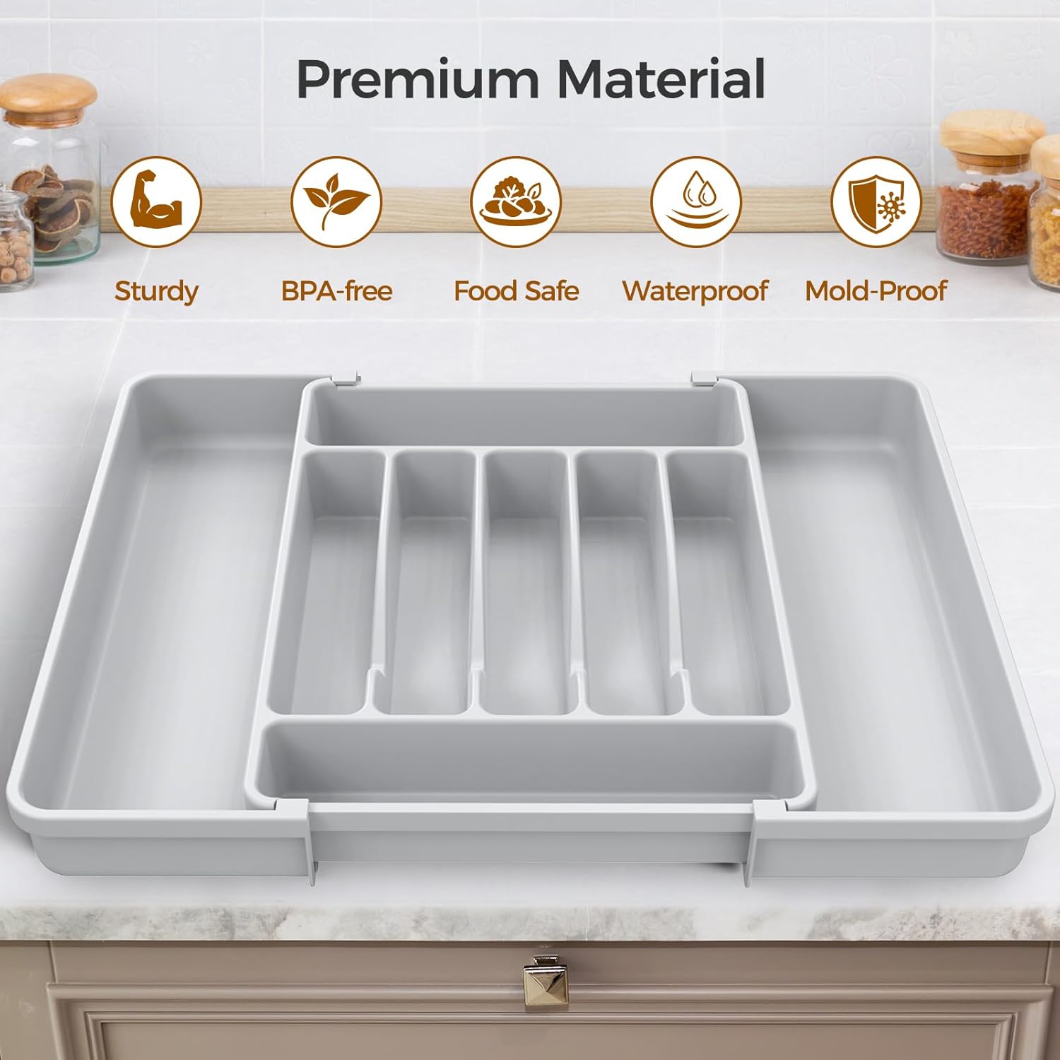 Ukeetap Extra Large Expandable Silverware Organizer - BPA-Free Cutlery Holder for Kitchen Drawers | Gray