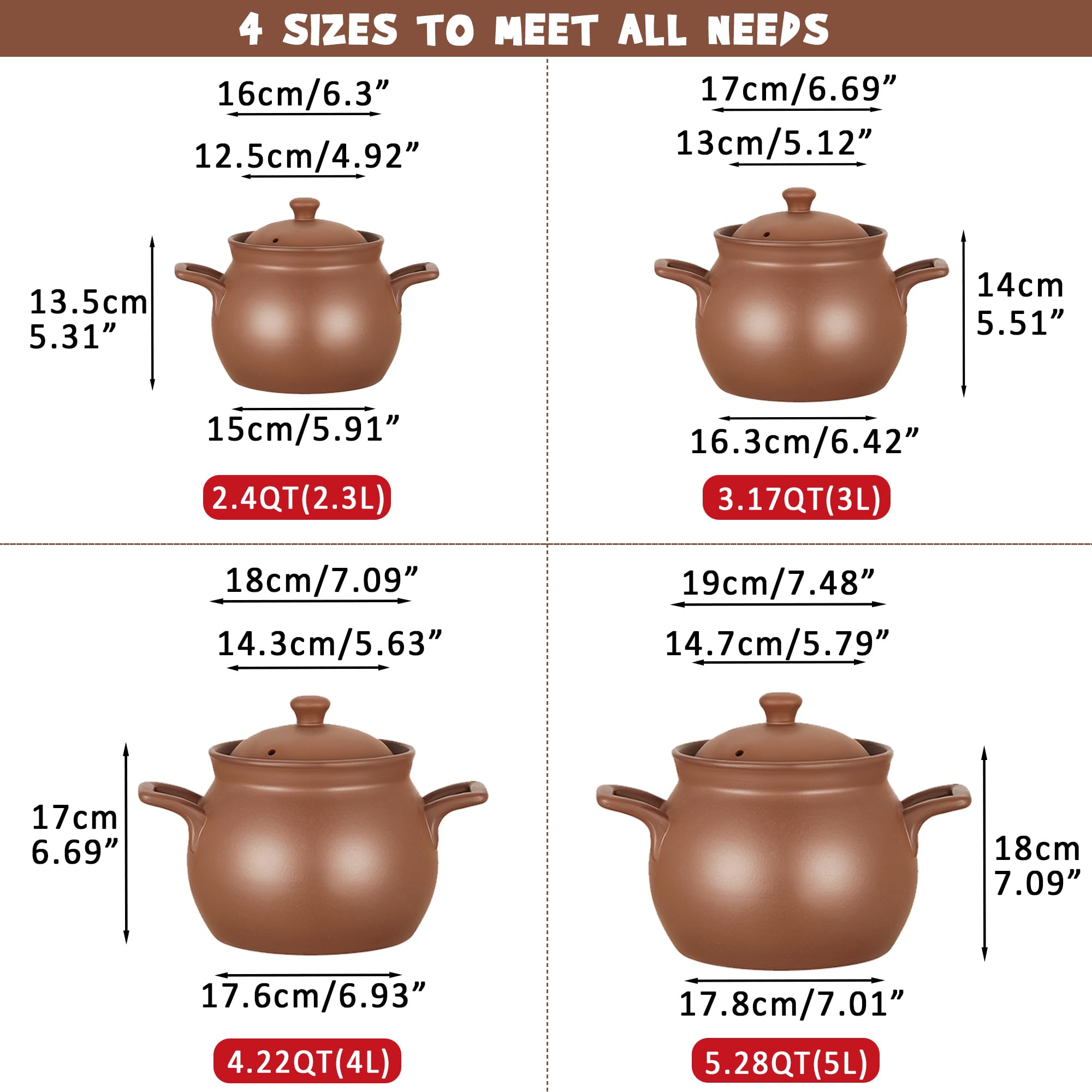 Red Zisha Unglazed Earthen Cookware Stock Pot, Natural Terracotta Pan Ceramic Casserole Dish, Clay Pot with Lid for Cooking Rice, Hot Pot, Dolsot Bibimbap and Soup (5.28QT(5L))