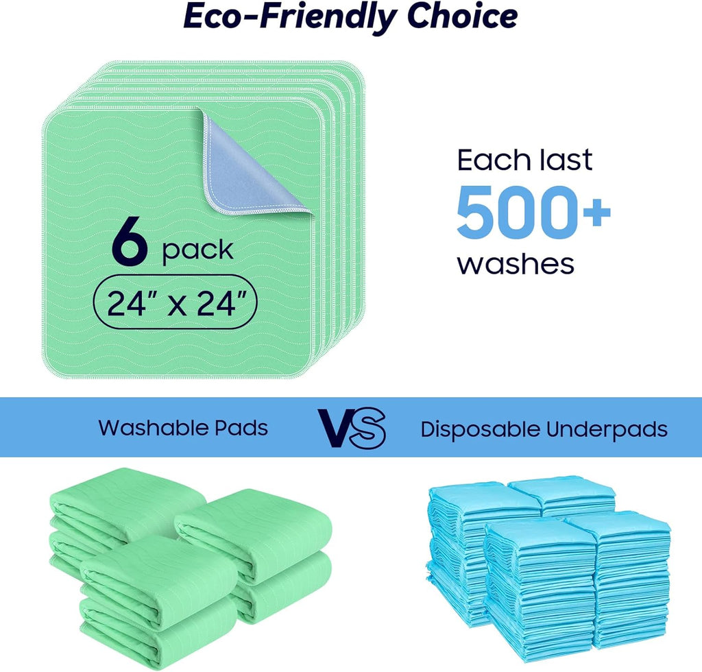 Skiennix Washable Underpads - 6 Pack Extra Heavy Absorbency | 24” x 24” Waterproof Bed Pads for Incontinence & Pets