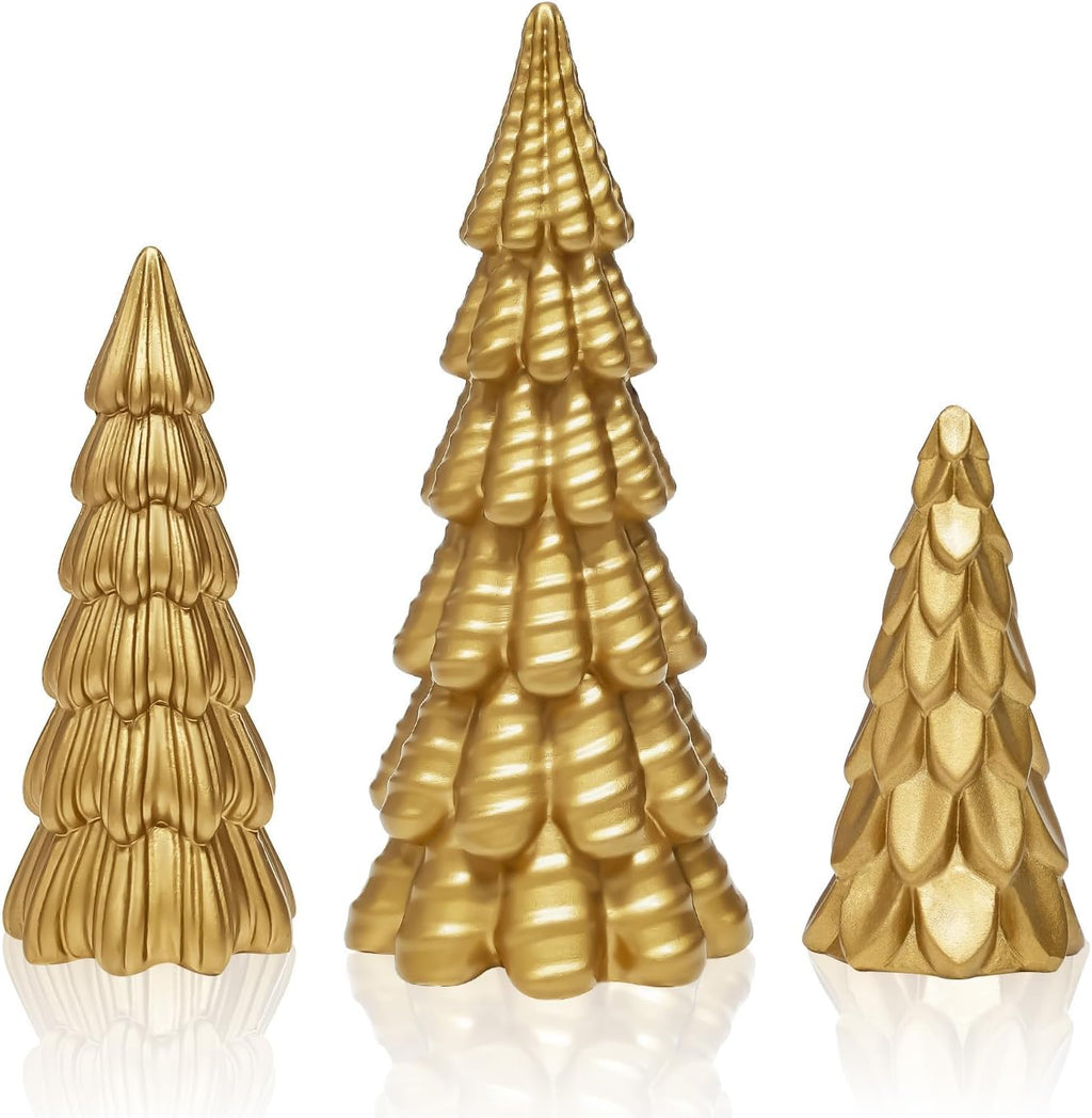 Warmtree Gold Christmas Tree Figurines Set - 3 Pcs Small Resin Tabletop Decor for Indoor Holiday Home Styling