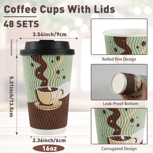 48 pack 16 oz Disposable Coffee Cups with Lids, Corrugated Ripple Wall Insulated Paper Cups for Winter Cahristmas Hot Cold Drink, Home, Office, Coffee Bar