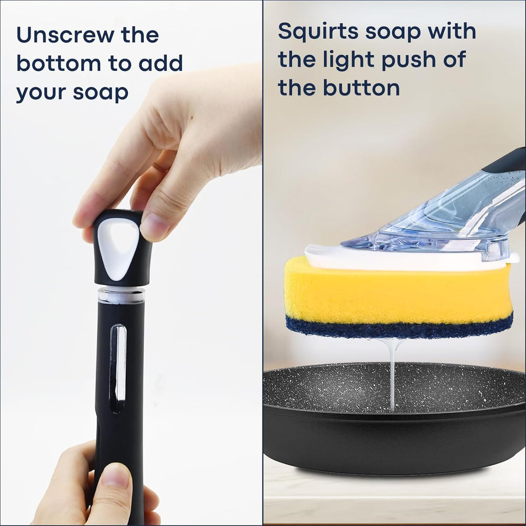Skiennix Dish Brush Set - Soap Dispenser with 2 Sponge Refills & Holder | Ideal for Pots, Pans, and Dishes