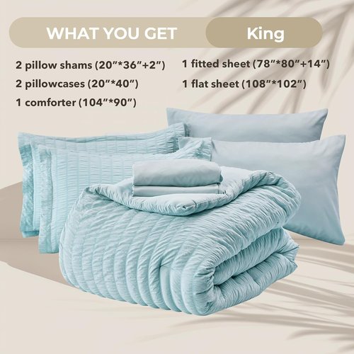 HYMOKEGE King Size Comforter Set - Luxury 7-Piece Bedding Set in Lake Blue | All-Season Seersucker Design