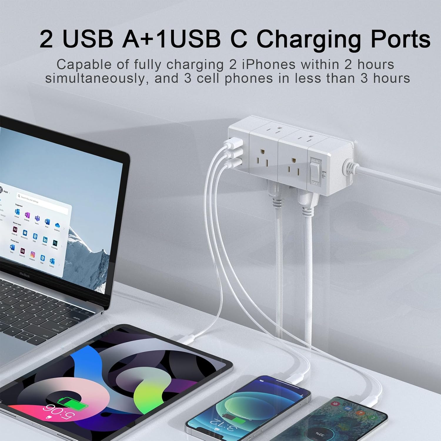 Tcstei 5Ft Outlet Extender Power Strip - Flat Plug Extension Cord with 6 Outlets & 3 USB Ports, White