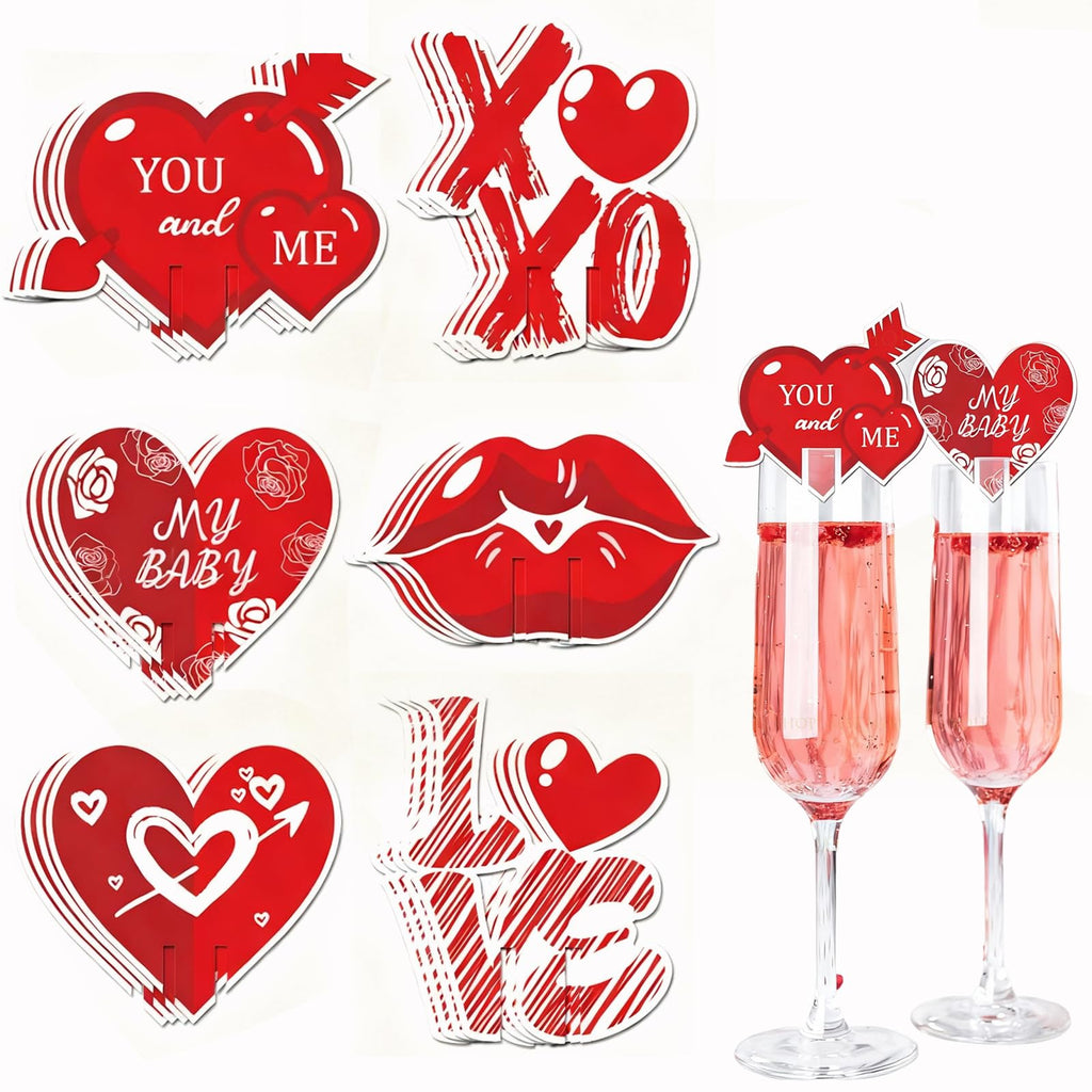 24Pcs Valentine's Day Drink Markers Wine Glass Markers, Heart, Lip Shape Wine Charms for Stem Glasses - Wedding, Bridal for Christmas New Year Party Decor Supplies