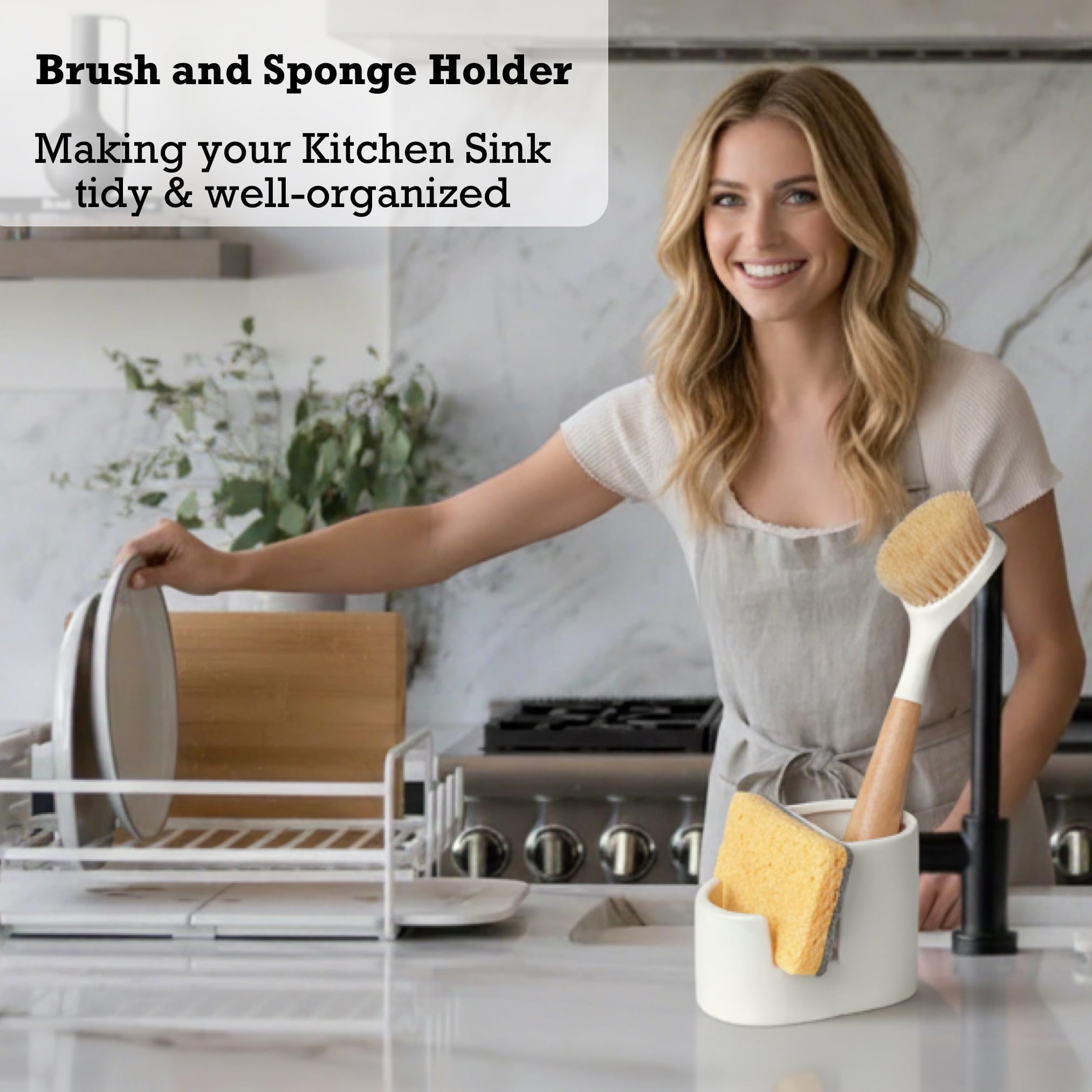 Ceramic Sponge Holder for Kitchen Sink, 2-in-1 Sponge & Brush Organizer, Compact Countertop Sink Caddy with Raised Edge to Catch Drips, Keeps Countertops Dry, Dishwasher Safe, Rustproof, White